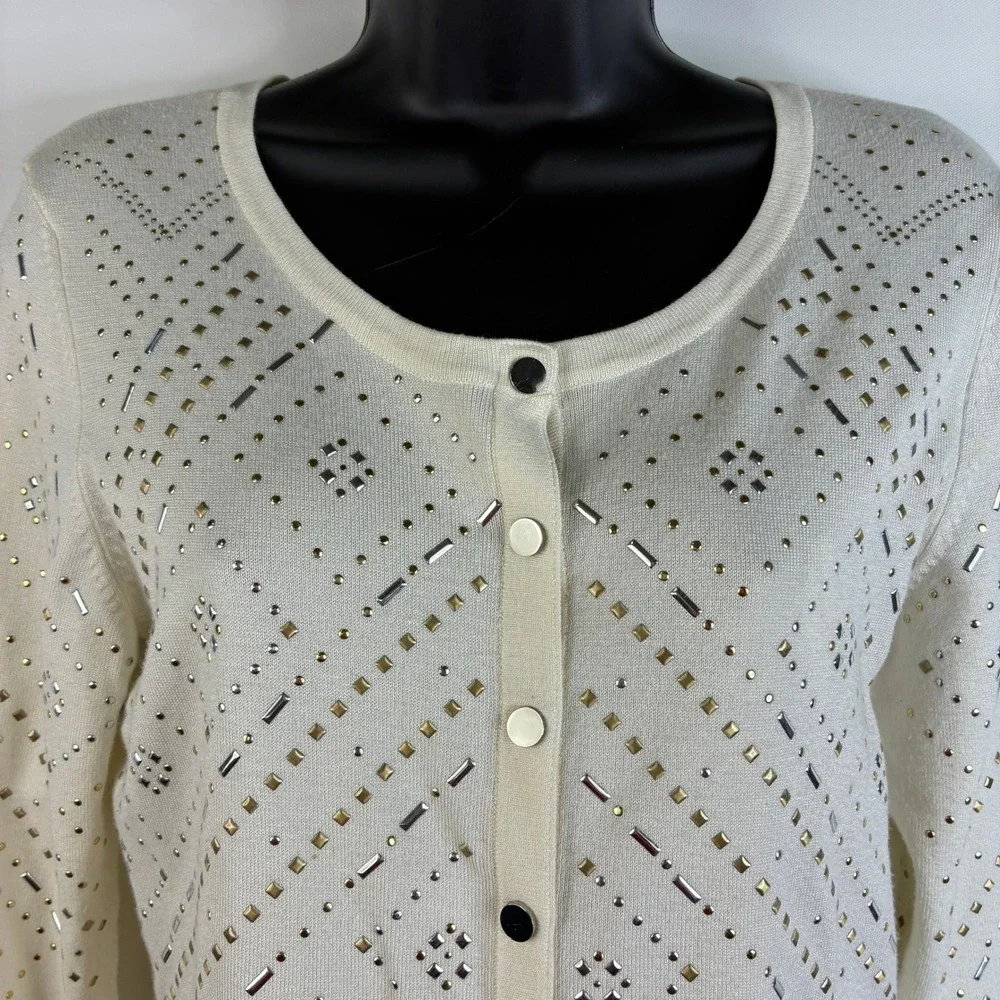 White House Black Market Ecru Size Small Embellished Cardigan‎ Cream  3/4 Sleeve